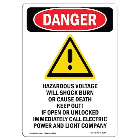 Signmission OSHA Danger Sign, 24" Height, Rigid Plastic, Hazardous Voltage, Portrait, 1824-V-2319 OS-DS-P-1824-V-2319